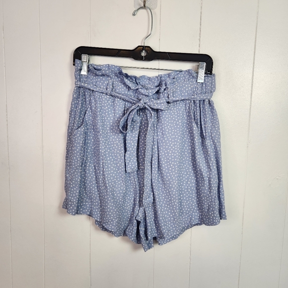 Sun Day Club Belt Blue Floral Shorts Paper Bag High Waist Pull On Pockets New - Picture 3 of 10